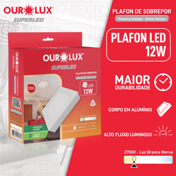 Plafon Superled Sobrepor 12W Bivolt 2700K Quadrado 17cm x 17cm.