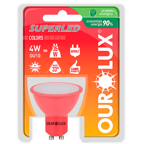 Lâmpada Superled GU10 4W Bivolt 33º Vermelho bivolt IP66.