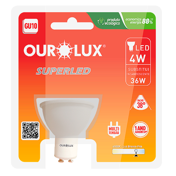 Lâmpada Superled GU10 4W bivolt 2700K 38º branco quente.