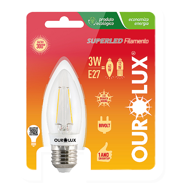Lâmpada Superled Vela Filamento Clara E27 3W bivolt 6000K.