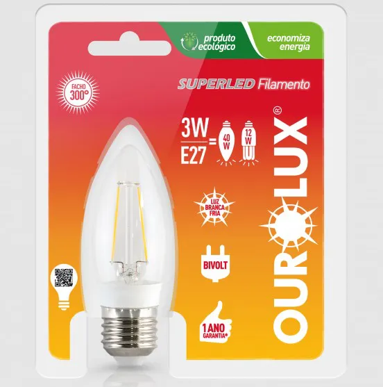 Lâmpada Superled Vela Filamento Fosca E27 3W bivolt 6500K.