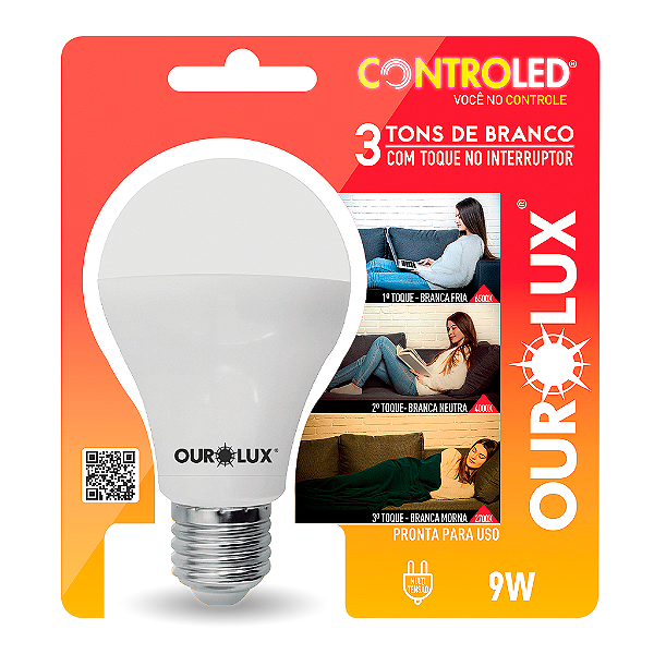 Lâmpada Inteligente Controled 9W 3 Tons de Branco 6500K+4000K+2700K.
