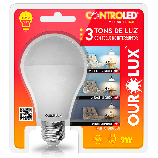 Lâmpada Inteligente Controled 9W 3 Tons de Luz 2700K bivolt.