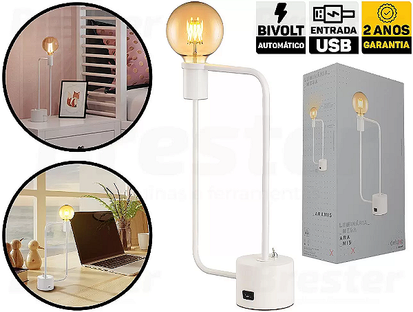 Luminária de mesa Aramis com entrada USB 40X21cm aço branco fosco.