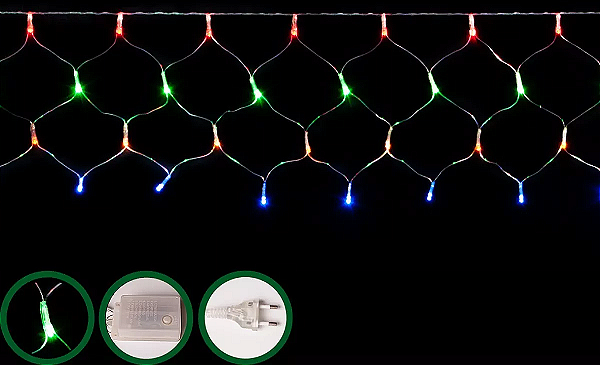 Cortina rede De Natal 96 LEDS Luz Colorido 8 Funções 3,00m x 0,40m 220V.