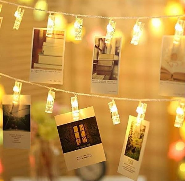 Cordão Led Pregador 10 LEDS Varal Para Fotos Branco quente a pilha.