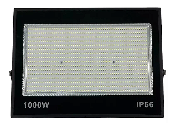 Refletor LED compacto 1000W preto SMD 6500K branco frio IP67 bivolt.