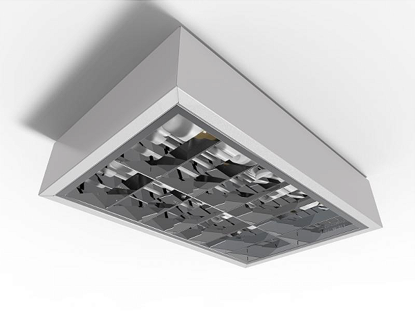 Luminária de sobrepor 28.8cm X 44cm alto rendimento com aletas parabólicas duplas para 4 lâmpadas E27.