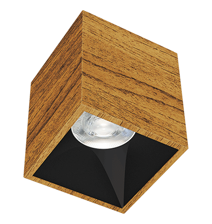 Spot de Sobrepor LED Kona Quadrado Recuado 29º 3000K 13,7W Bivolt 10x8,5x8,5cm Alumínio Corpo Amadeirado Miti e Refletor Preto Acetinado.