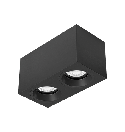 Luminária de Sobrepor Retangular Facho orientável 17,3x9x9,5cm 2x Dicróica LED base GU10 Alumínio Preto fosco.