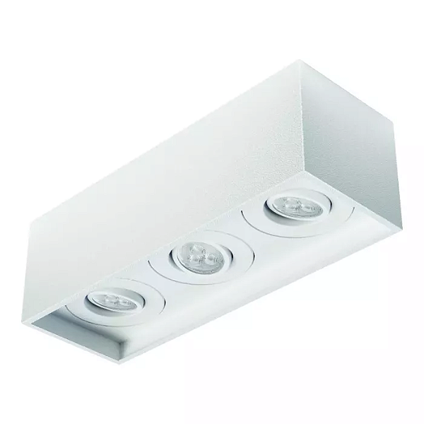 Spot de Sobrepor Sura Face Recuada Retangular Triplo Mini Dicroica 8x25,3x8,8cm Alumínio Branco Fosco.