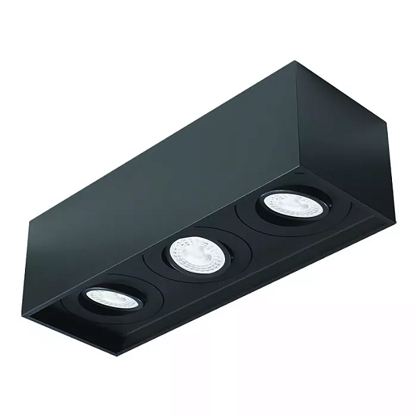 Spot de Sobrepor Sura Face Recuada Retangular Triplo Dicroica PAR16 9x31,5x10,9cm Alumínio Preto Fosco.