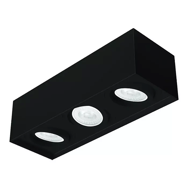 Spot de Sobrepor Sura Face Recuada Retangular Triplo PAR30 14,5x48,7x16,6cm Alumínio Preto Fosco.