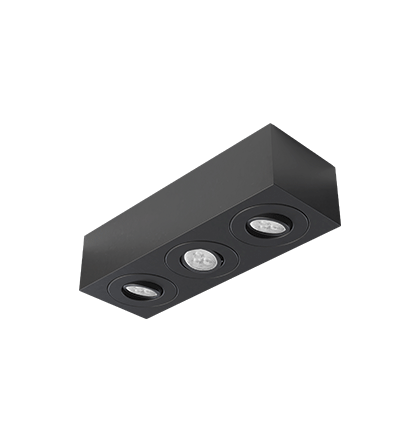 Spot de Sobrepor Sura Face Plana Retangular Triplo Mini Dicroica 6,3x25,3x8,8cm Alumínio Preto Fosco.