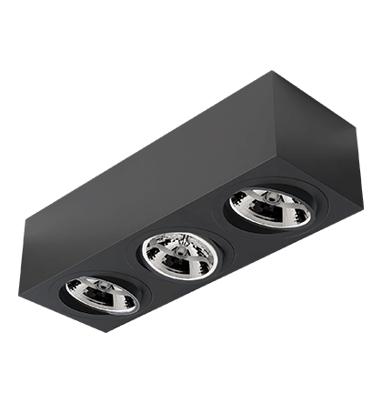 Spot de Sobrepor Sura Face Plana Retangular Triplo AR111 12,8x48,7x16,6cm Alumínio Preto Fosco.