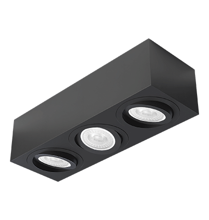 Spot de Sobrepor Sura Face Plana Retangular Triplo PAR30 12,8x48,7x16,6cm Alumínio Preto Fosco.