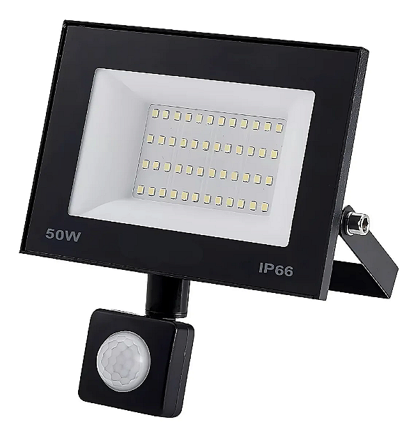 Refletor Com Sensor De Presença Led 50w Fotocélula Bivolt 6500k Preto.