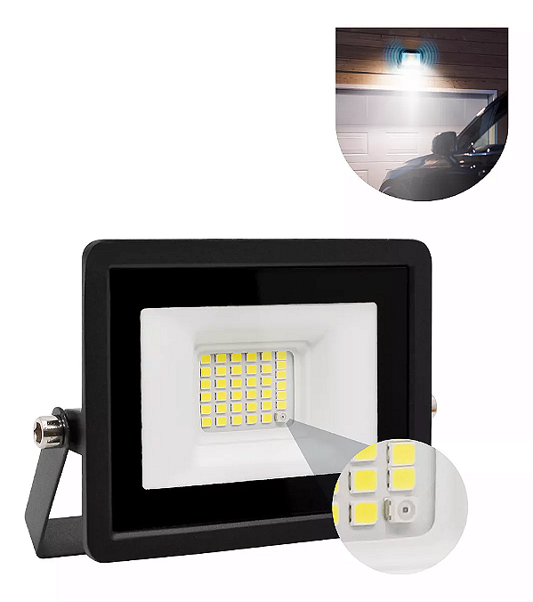 Refletor Com Sensor De Presença embutido Led 20w Fotocélula Bivolt 6500k Preto.