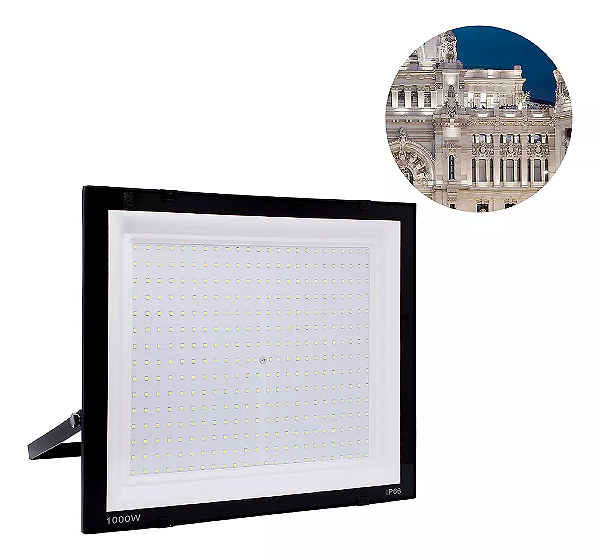 Refletor LED 1000W preto SMD 6500K branco frio IP66 bivolt.