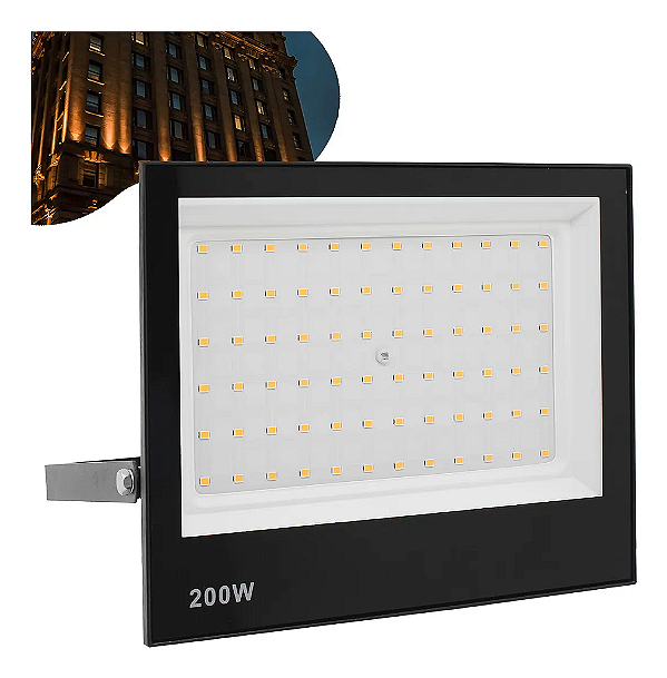 Refletor Holofote LED 200W preto SMD 3000K branco quente IP66 bivolt.