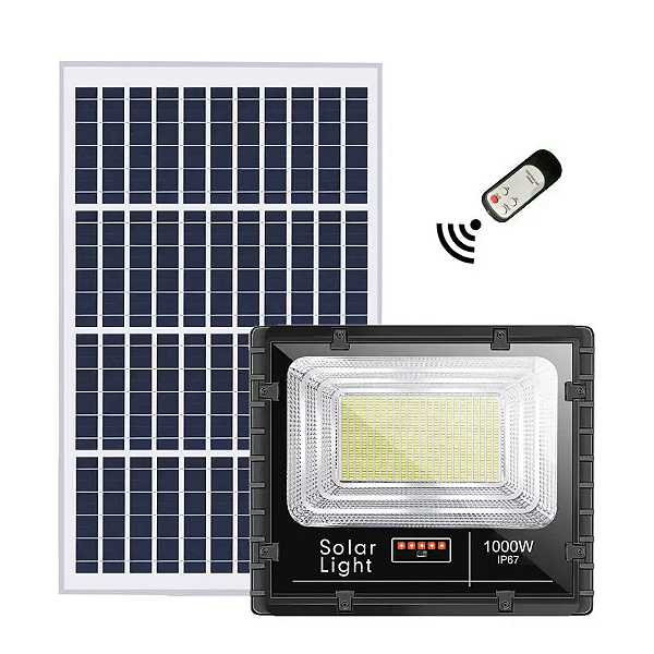 Refletor LED solar com controle 1000w auto recarregável 6500K IP67.