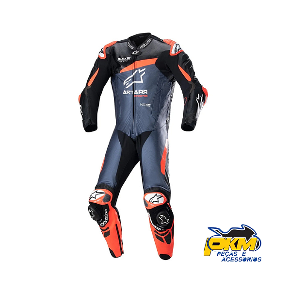 Macacão Para Motociclista Alpinestars Gp Plus V4 1Pc Preto/Vermelho Fluor/Azul Escuro
