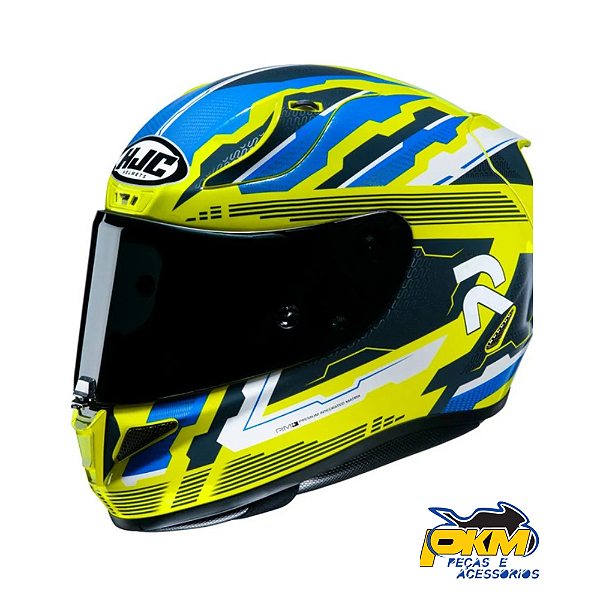 Capacete Para Motococlista Hjc Stobon Amarelo Azul E Branco