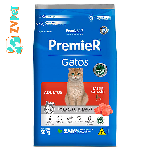 Racao Premier Ambientes Internos Para Gatos Adultos Sabor Salmao 0,5 Kg