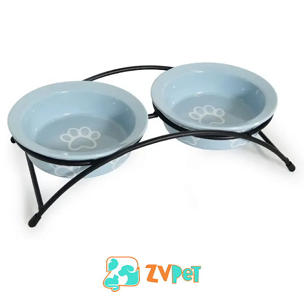 Comedouro Porcelana Duplo Suspenso Azul 250ml