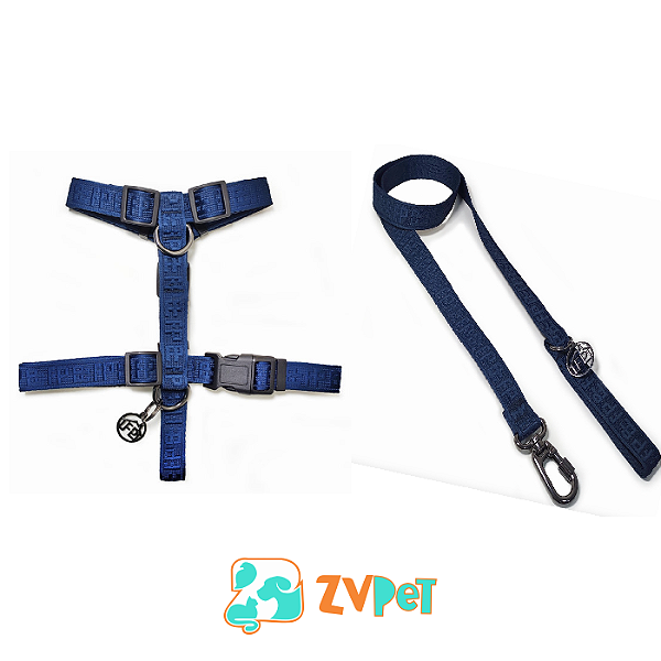 Kit Peitoral H Jacquard Azul M Para CÃes Fabrica Pet
