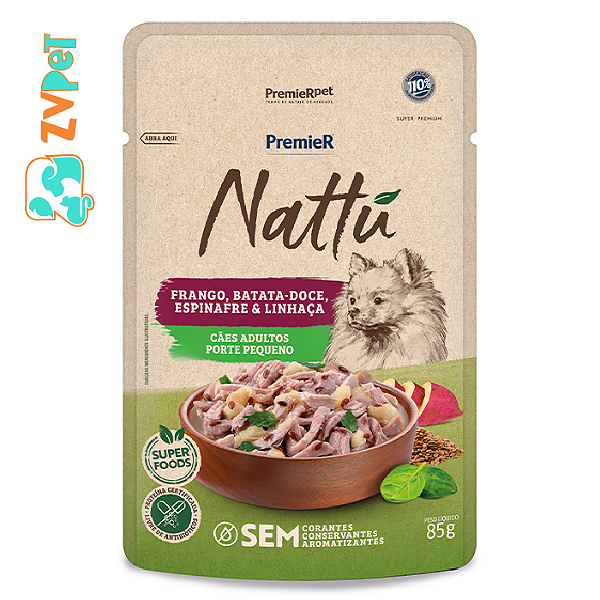 Racao Umida Premier Nattu Para Caes Adultos De Porte Pequeno Sabor Frango, Batata-doce, Espinafre E LinhaÇa 85 G