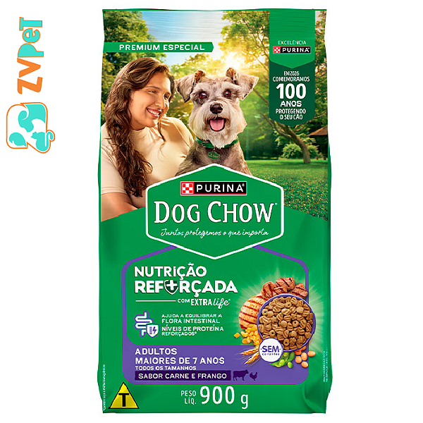 Racao Dog Chow Nutricao Reforcada Para Caes Seniors Sabor Carne, Frango E Arroz 7+ Car/fr 900g