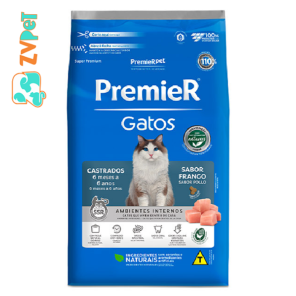Racao Premier Para Gatos Castrados De 6 Meses A 6 Anos Sabor Frango 0,5 Kg