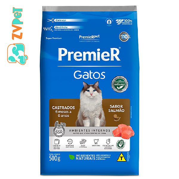 Racao Premier Para Gatos Castrados De 6 Meses A 6 Anos Sabor Salmao 0,5 Kg