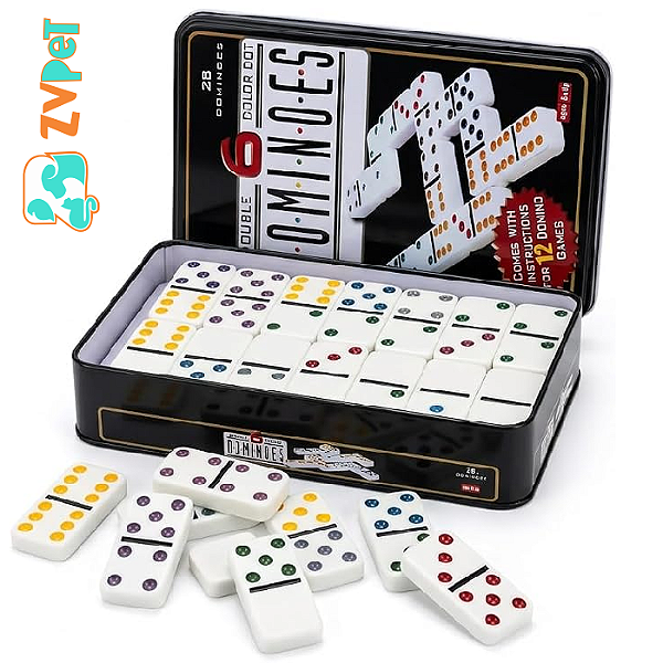 Jogo Domino Classico Double 6, 28 PeÇas, Pontos Coloridos | Lata De Metal Decorativa, Resistente