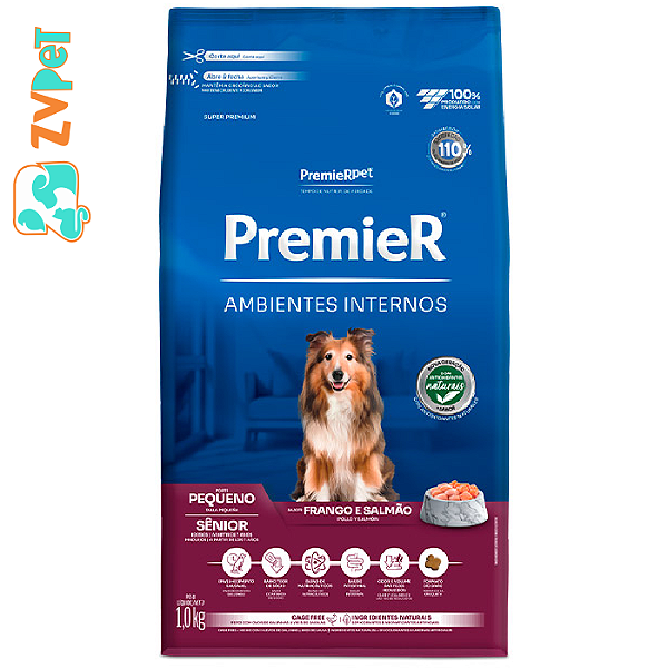 Racao Premier Senior Ambientes Internos Para Caes Adultos 7+ Sabor Frango E Salmao 12kg