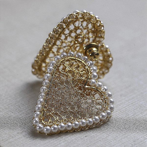 Brinco Coração Tramado Gold Pérola