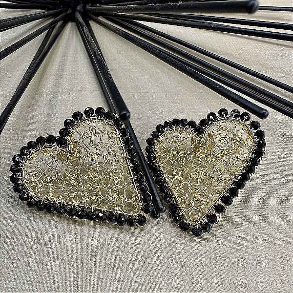 Brinco Coração Tramado Gold Preto