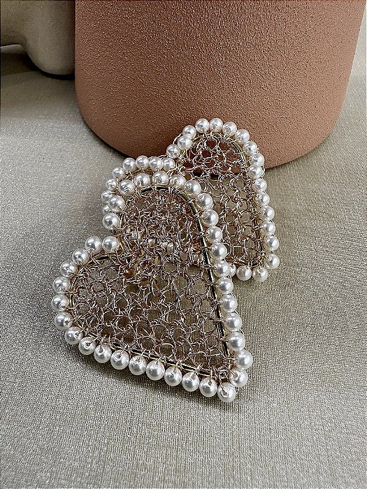 Brinco Coração Pérola Tramado - Rosê