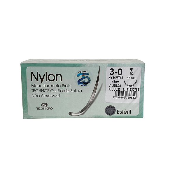 Nylon Monofilamento Preto TECHNOFIO - Fio Sutura Não Absorvivel 45cm/24un | 3-0