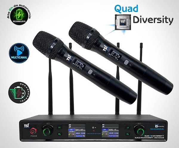 Sistema Recarregável TSI DUO-4R DIVERSITY UHF — 4 Antenas 200 Canais Quad Diversity