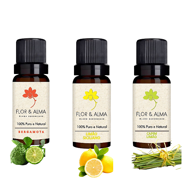 Kit especial Bergamota Limão Siciliano e Capim Limão com 3 óleos essenciais de 10ml cada