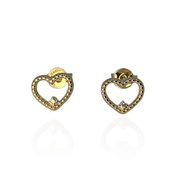 Brinco banhado a ouro 18k, modelo coração com uma zircônia