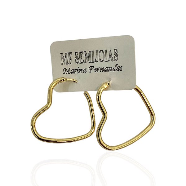 Brinco argola coração tubo, banhado a ouro 18k