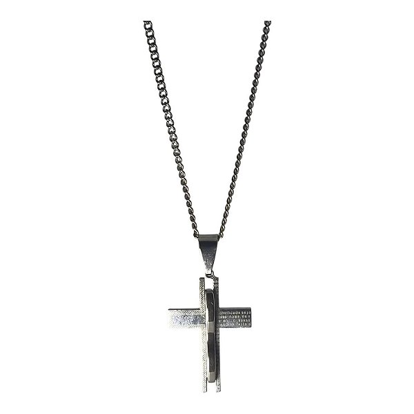 Gargantilha com Pingente Crucifixo Pai Nosso em Aço
