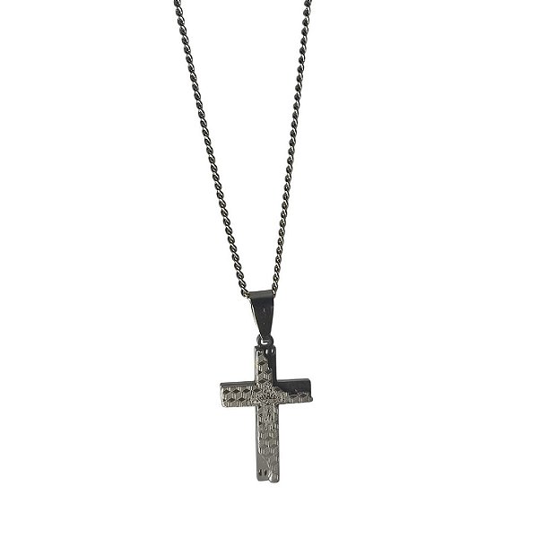 Gargantilha de aço com pingente de cruz com detalhes
