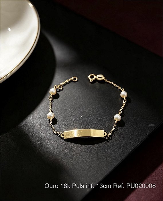 Pulseira Infantil com Placa e Pérolas em Ouro 18K 13cm