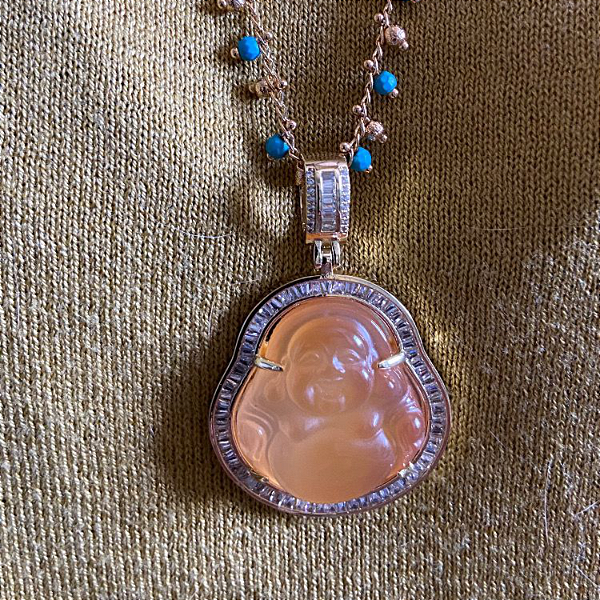 Colar Longo Buda em Ágata na corrente Turquesa