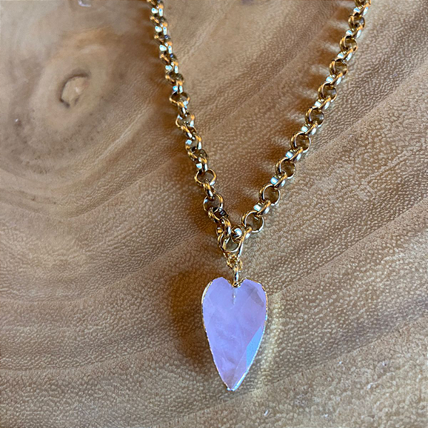 Corrente pingente de coração quartzo-rosa