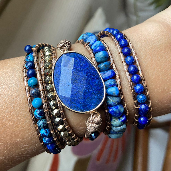 Pulseira 5 voltas de pedras naturais - Lápis-Lazúli